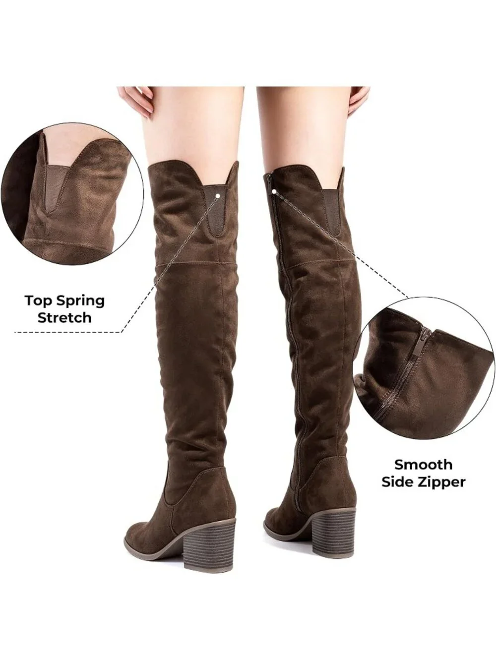 Women's Brown Stacked Block Heeled Pointed Toe Side Zipper Thigh High Boots